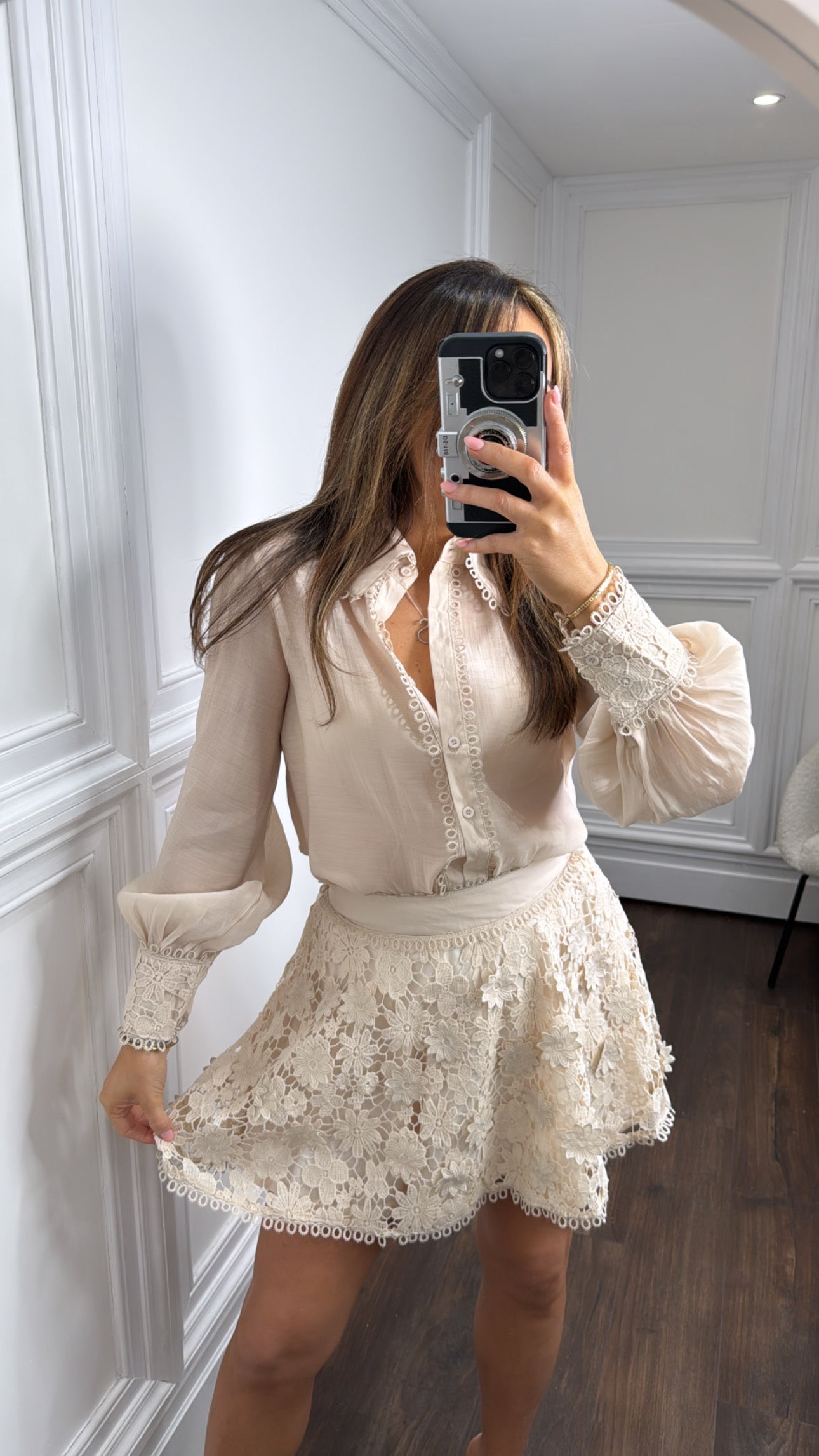ADINA beige crochet detail blouse and skirt co-ord set