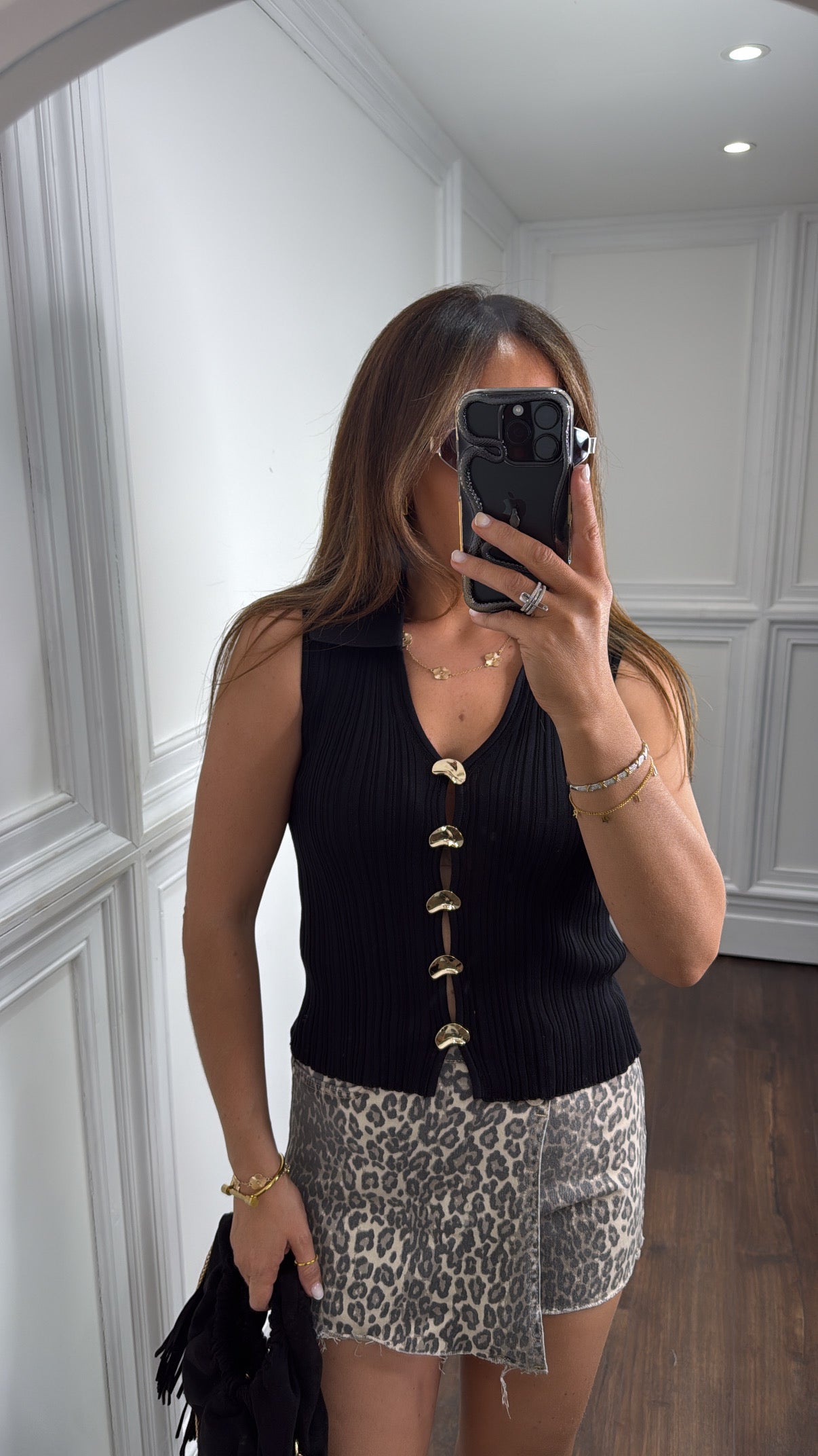LIA black ribbed knitted top with gold button detail