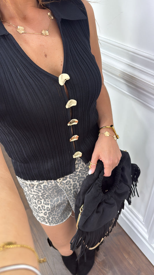 LIA black ribbed knitted top with gold button detail