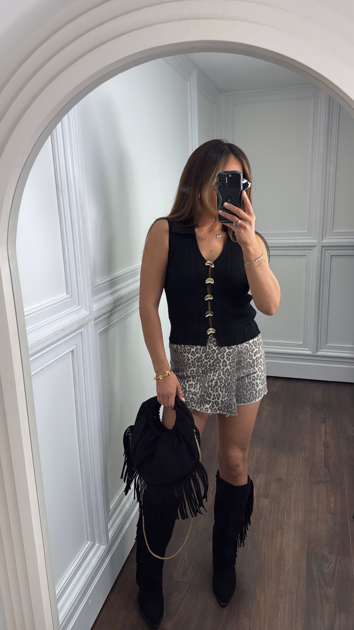 LIA black ribbed knitted top with gold button detail