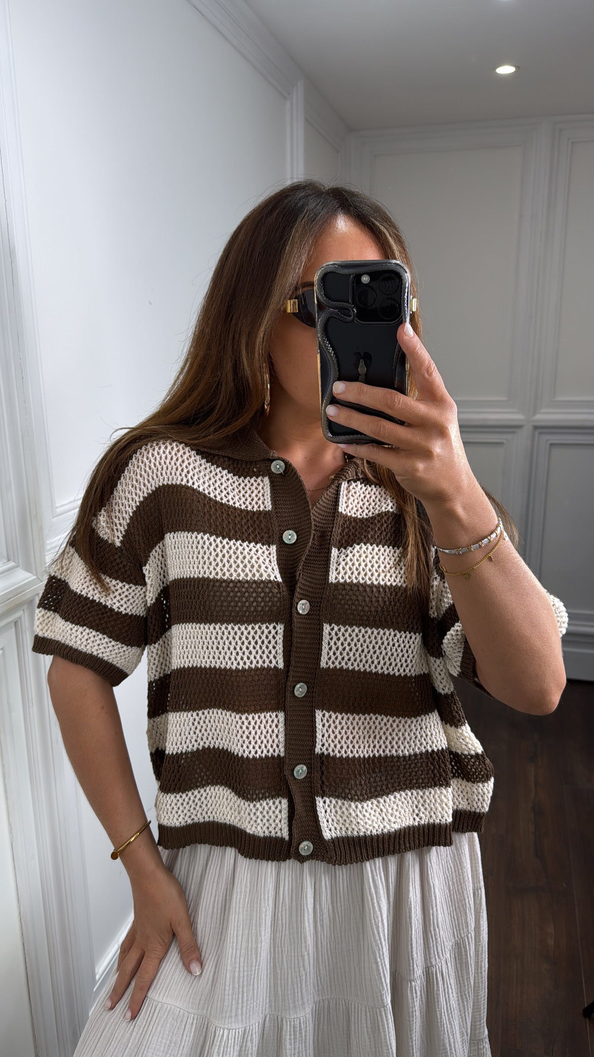 ROMI brown and cream stripe button up crochet top