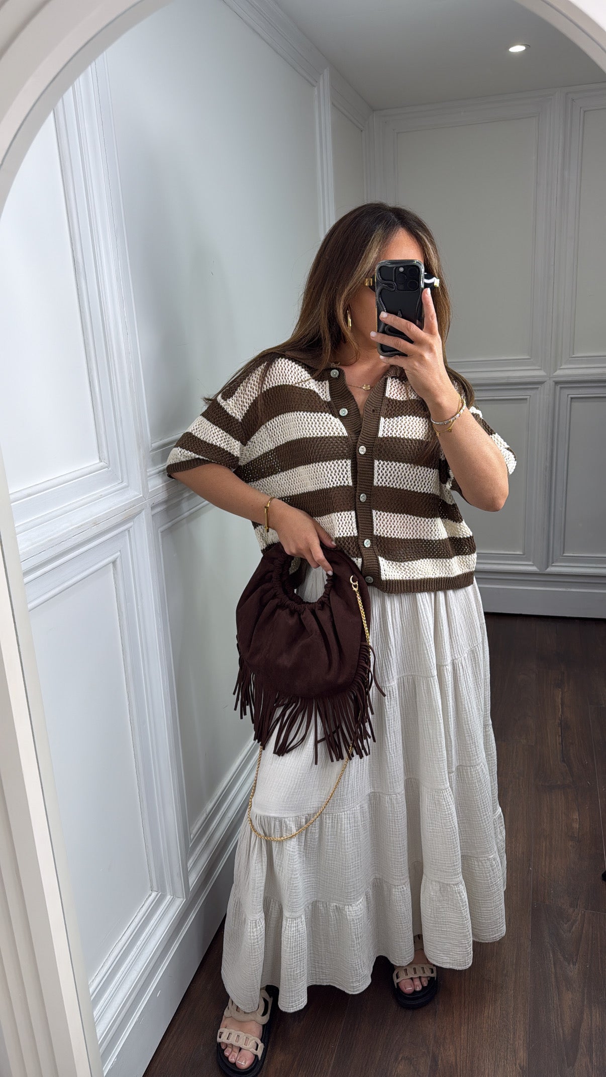 CARLI beige cheesecloth tiered maxi skirt
