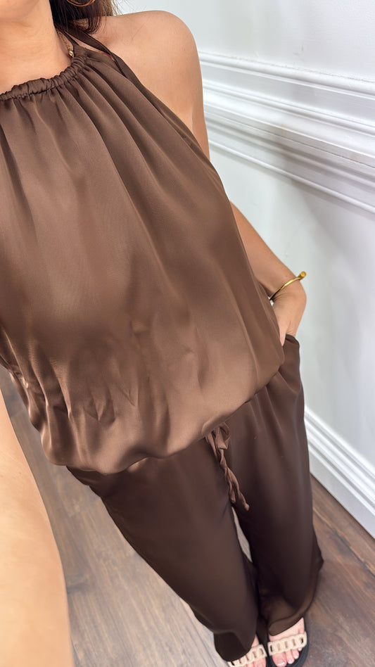 DAVIDA brown backless satin halter neck top and wide leg co-ord