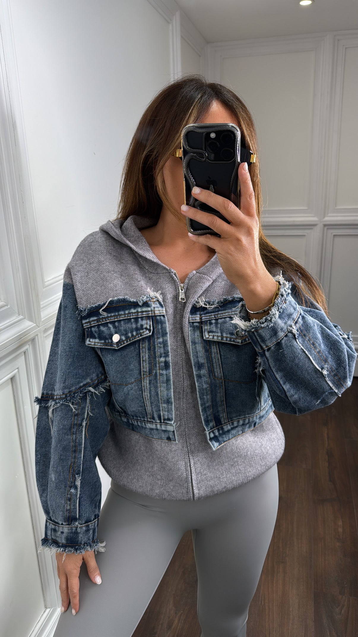 SELINA grey knit jacket with denim contrast