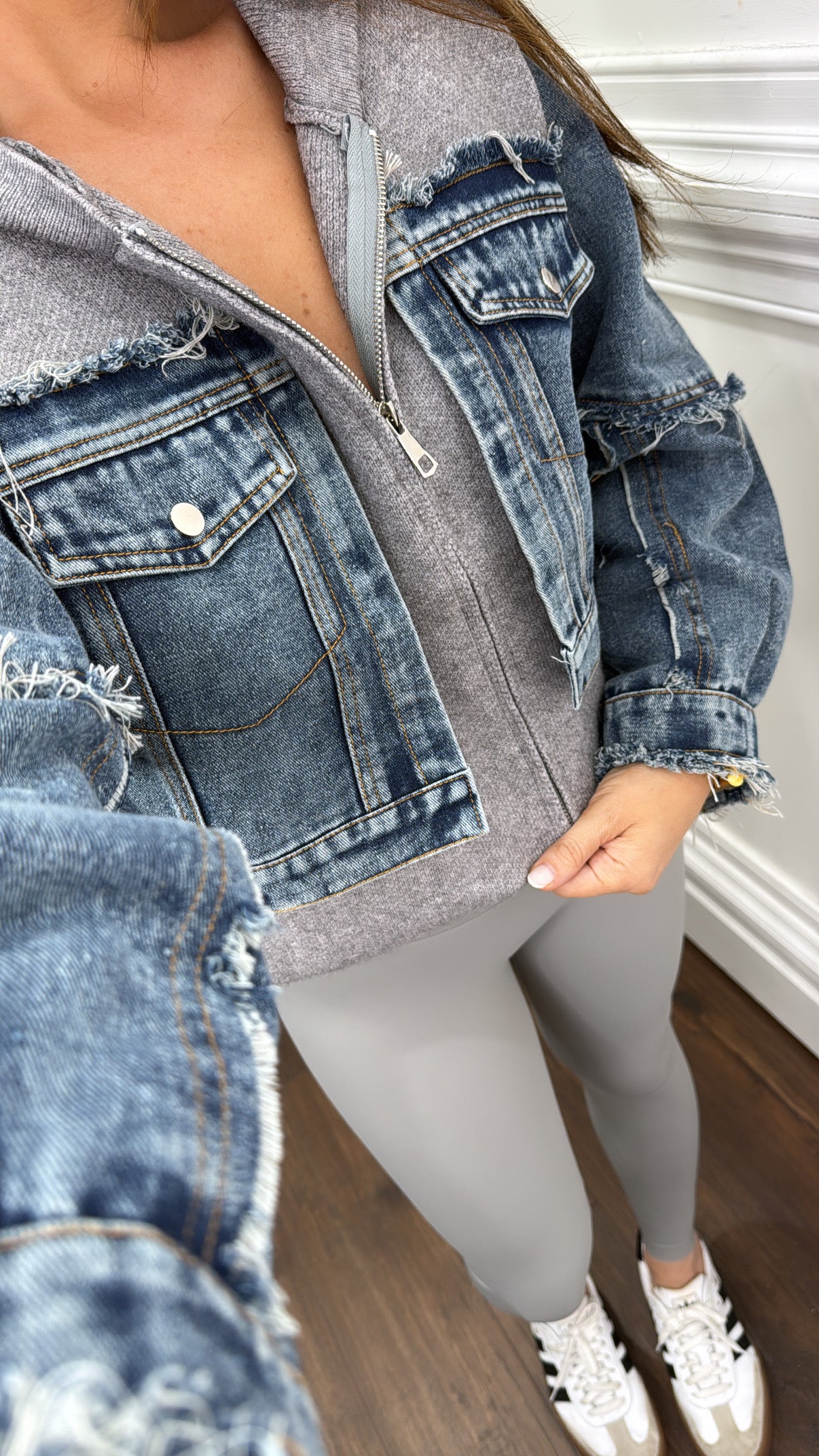 SELINA grey knit jacket with denim contrast