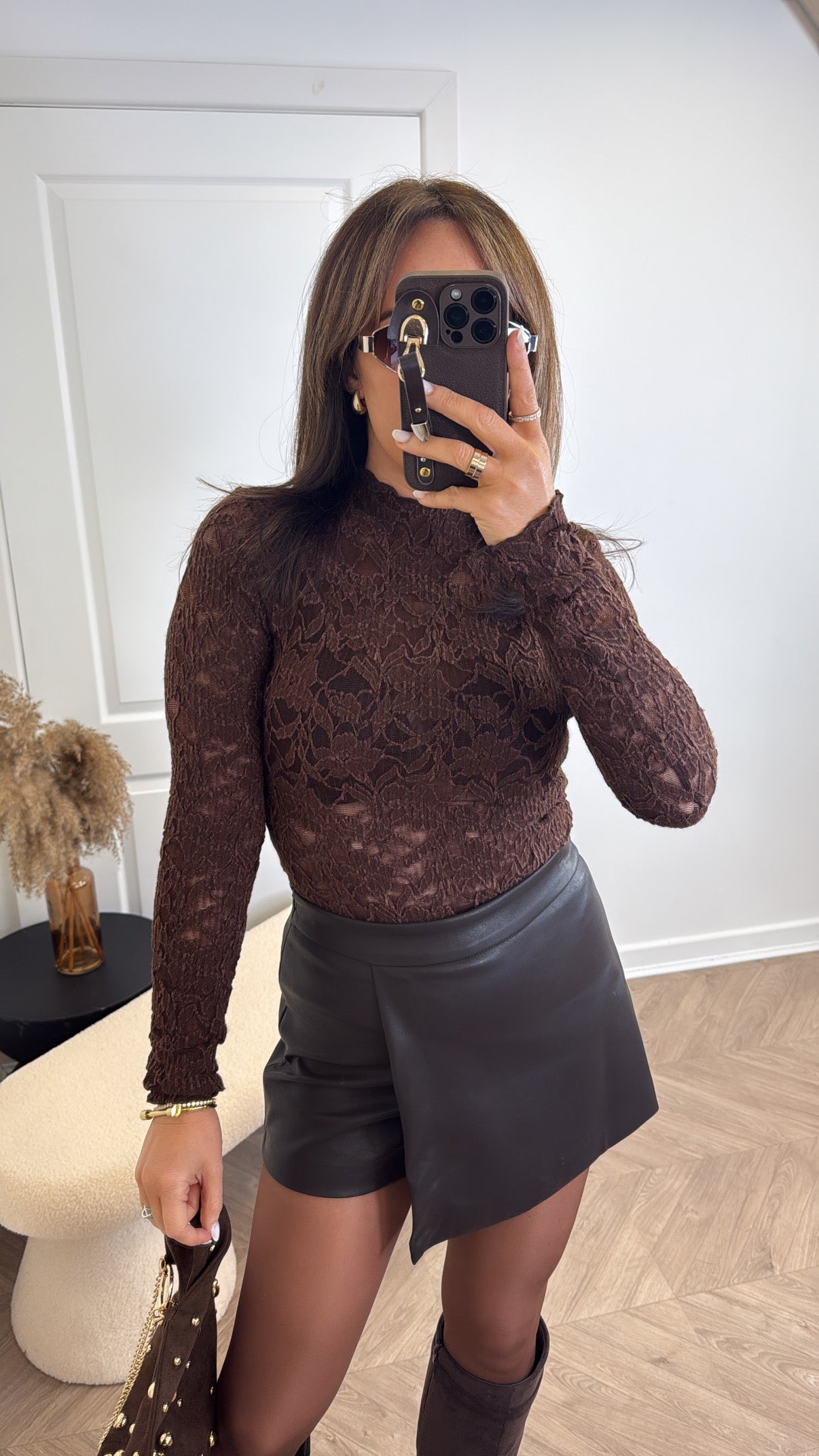 QUINN brown lace long sleeve top