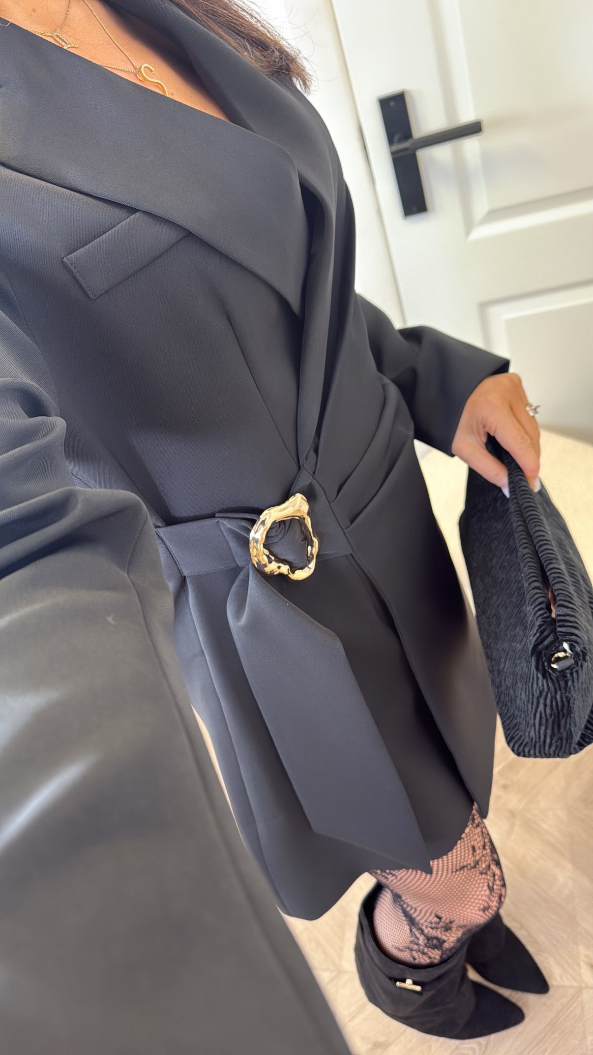 TAMARA black wrap blazer dress with gold buckle