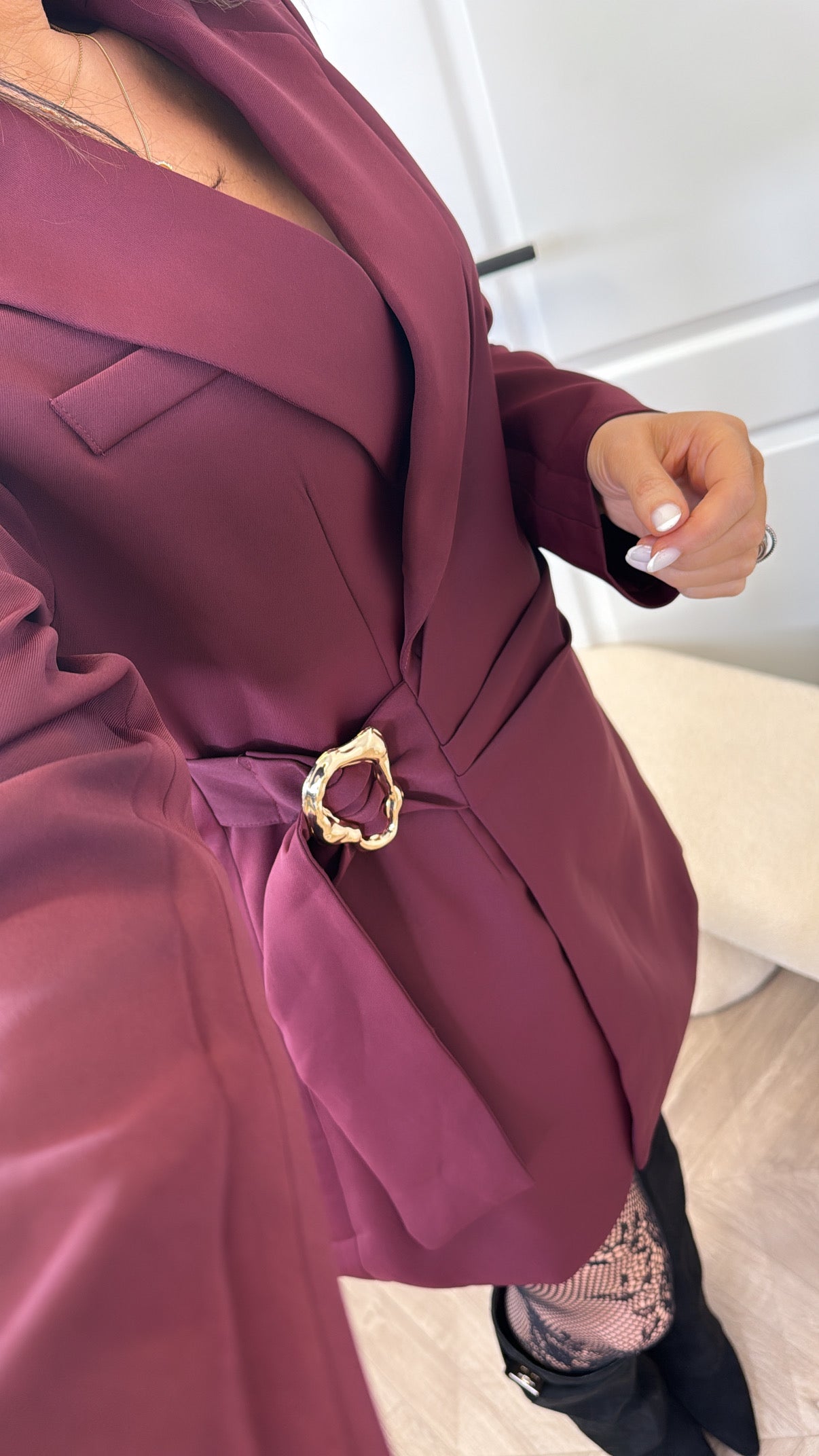 TAMARA burgundy wrap blazer dress with gold buckle