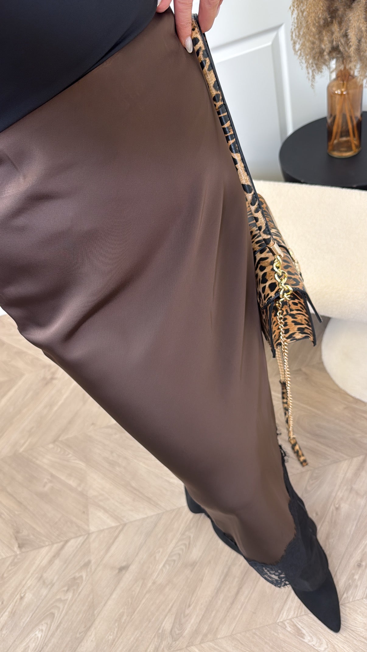 ARIELLA brown silky slip skirt with lace trim