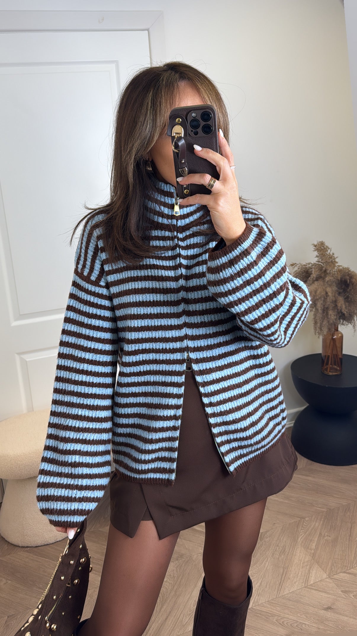 RACHEL brown and blue stripe zip up cardigan