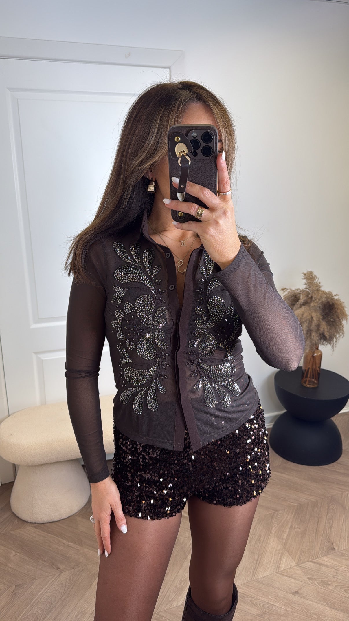 ESME brown sequin detail sheer blouse