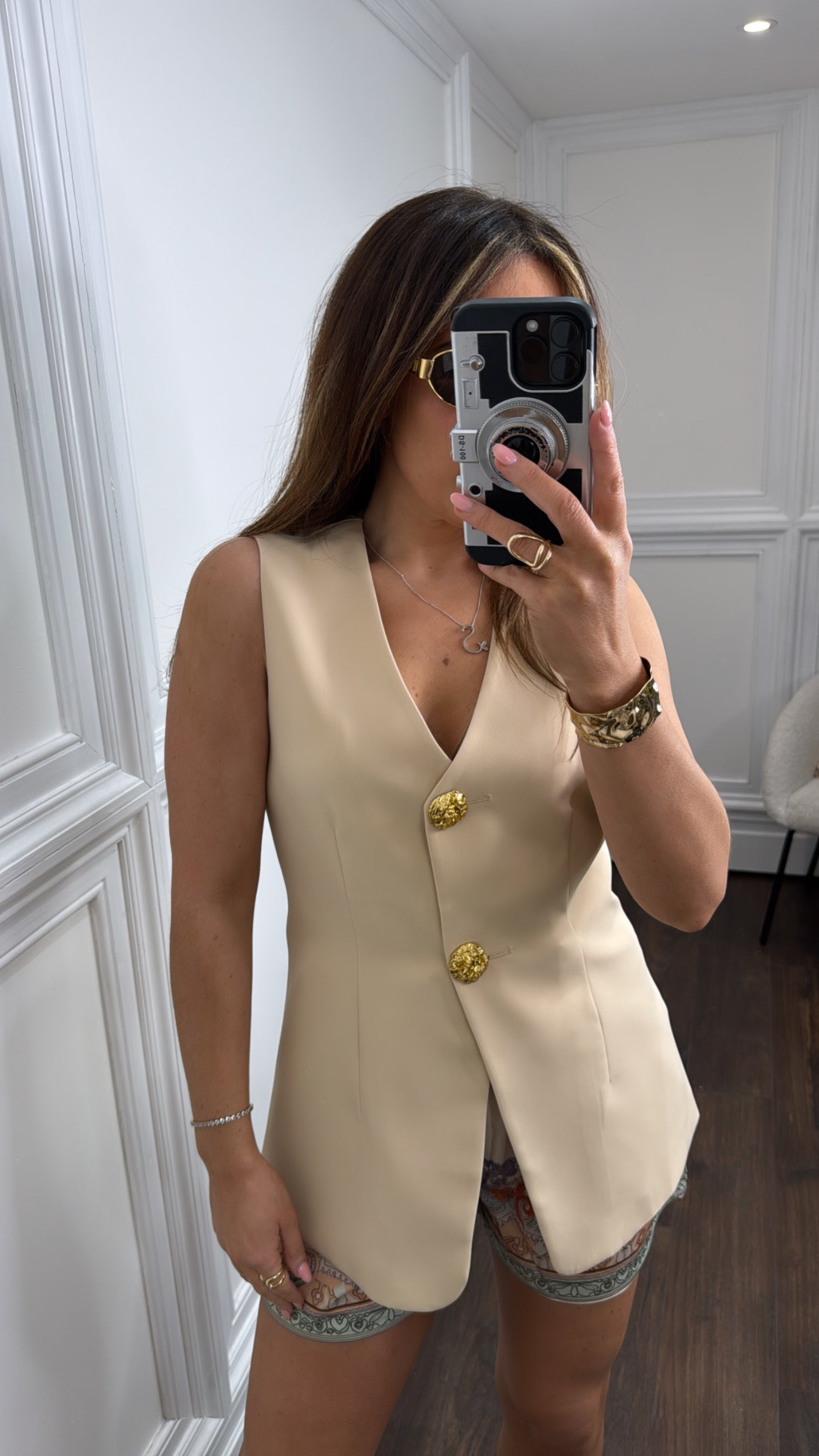 GISELLE nude tailored waist coat with gold buttons