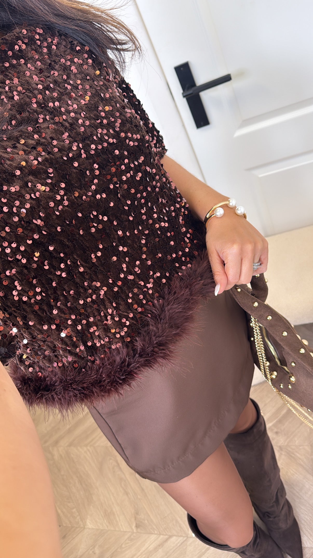 CHRISSY brown sequin top with fluffy hem