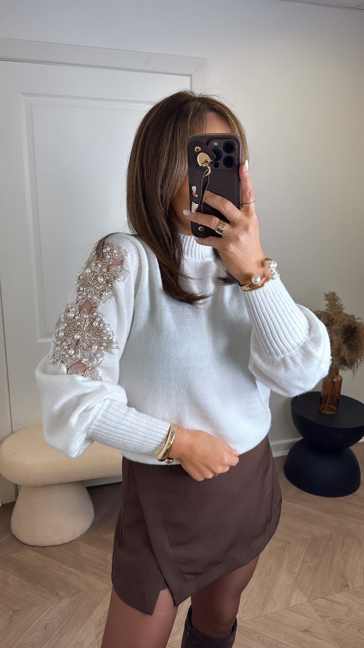 TABITHA white soft jumper with sequin and pearl embellishment