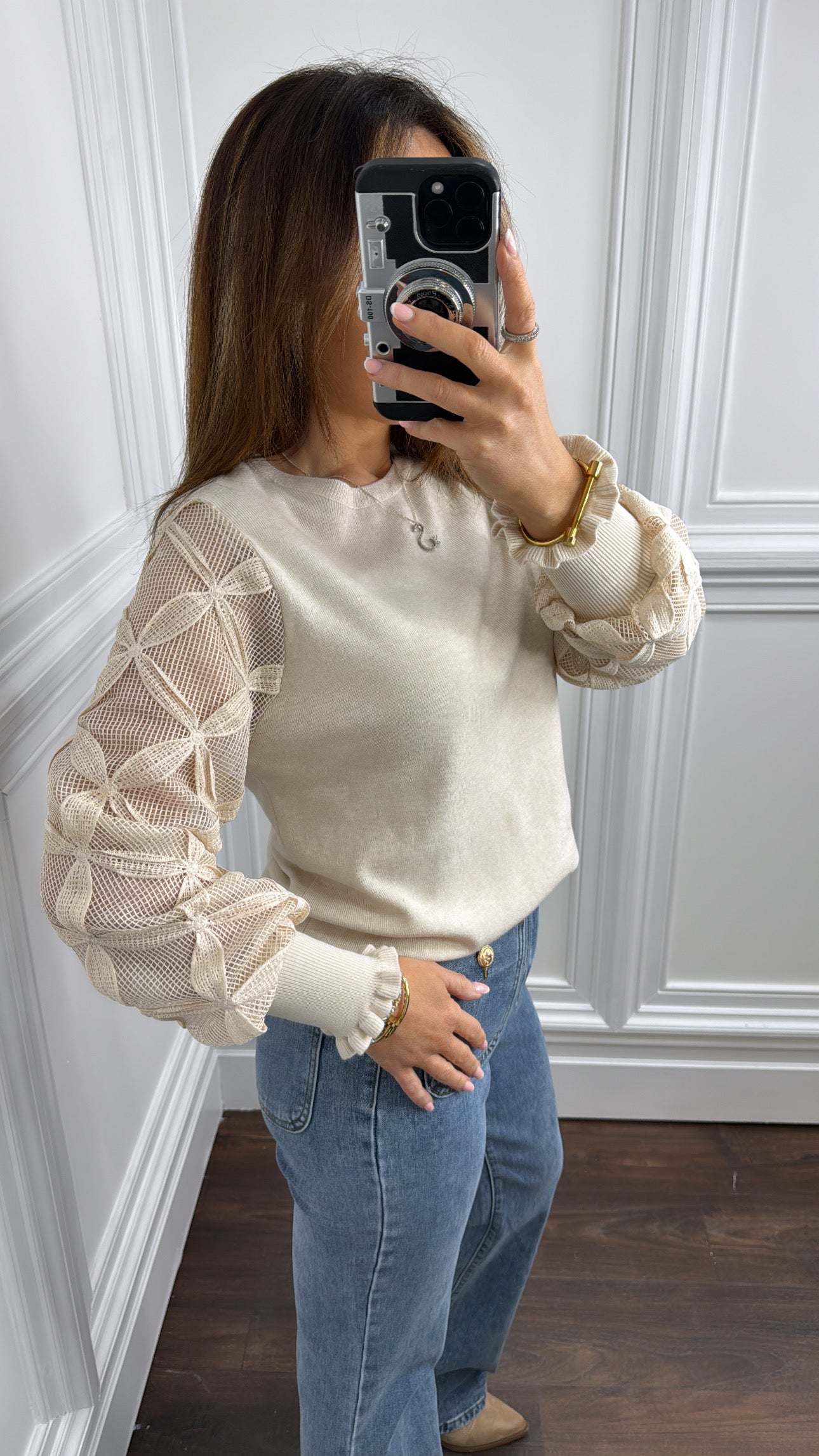 GEMMA cream super soft jumper with sheer sleeves