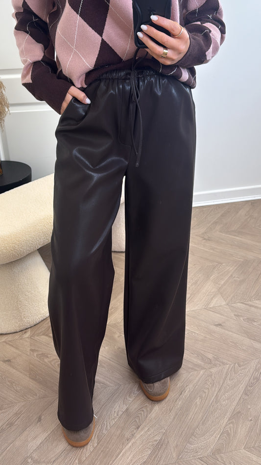 TATUM brown leather look wide leg joggers