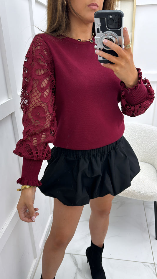 LARA burgundy crochet sleeve fine knit jumper