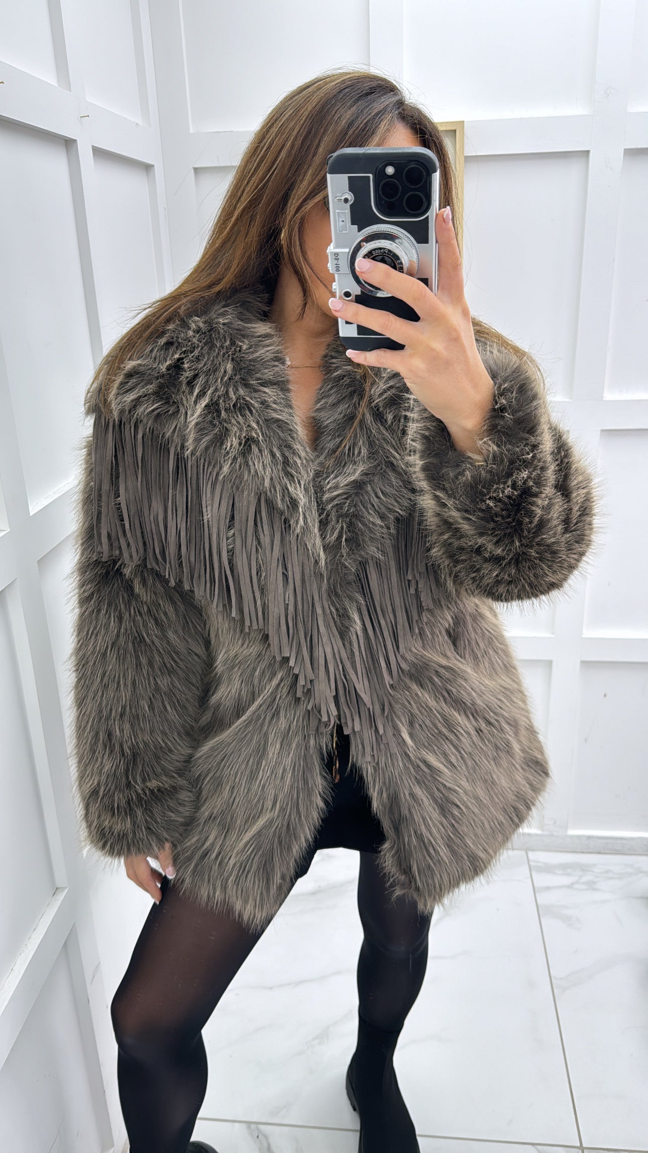 JAMELIA brown fur coat with tassels