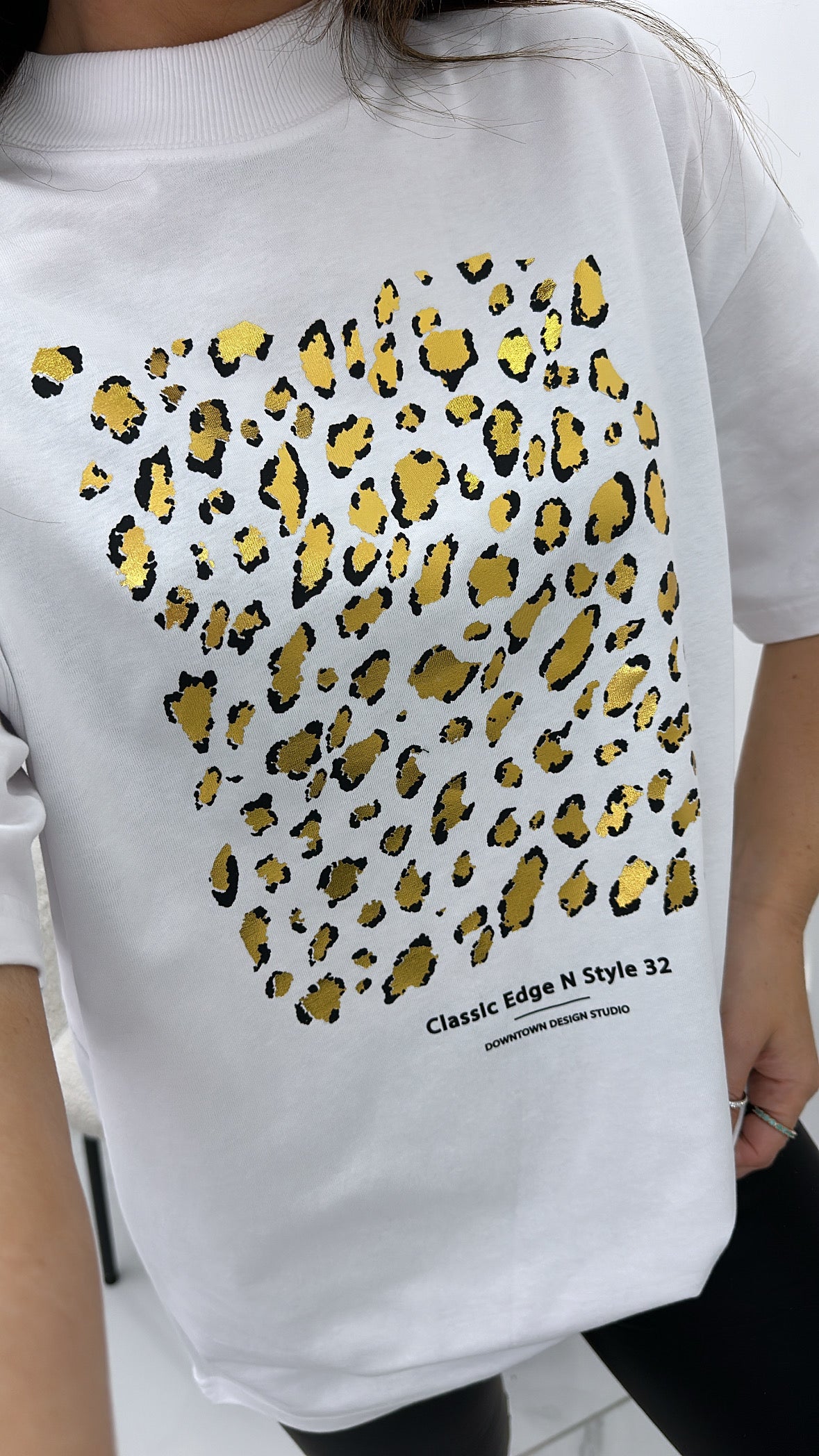 ALEXA white t-shirt with gold leopard print foil graphic