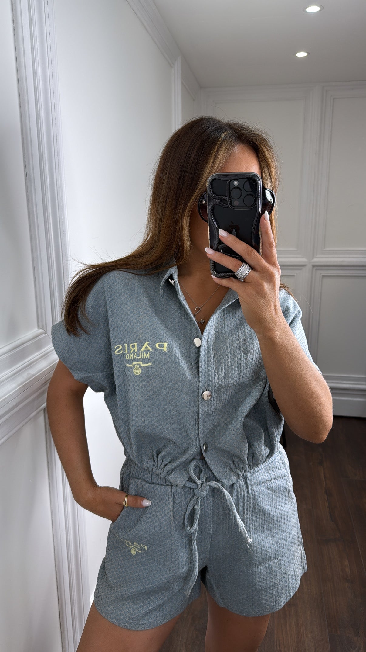 PARIS MILANO washed denim textured shorts co-ord