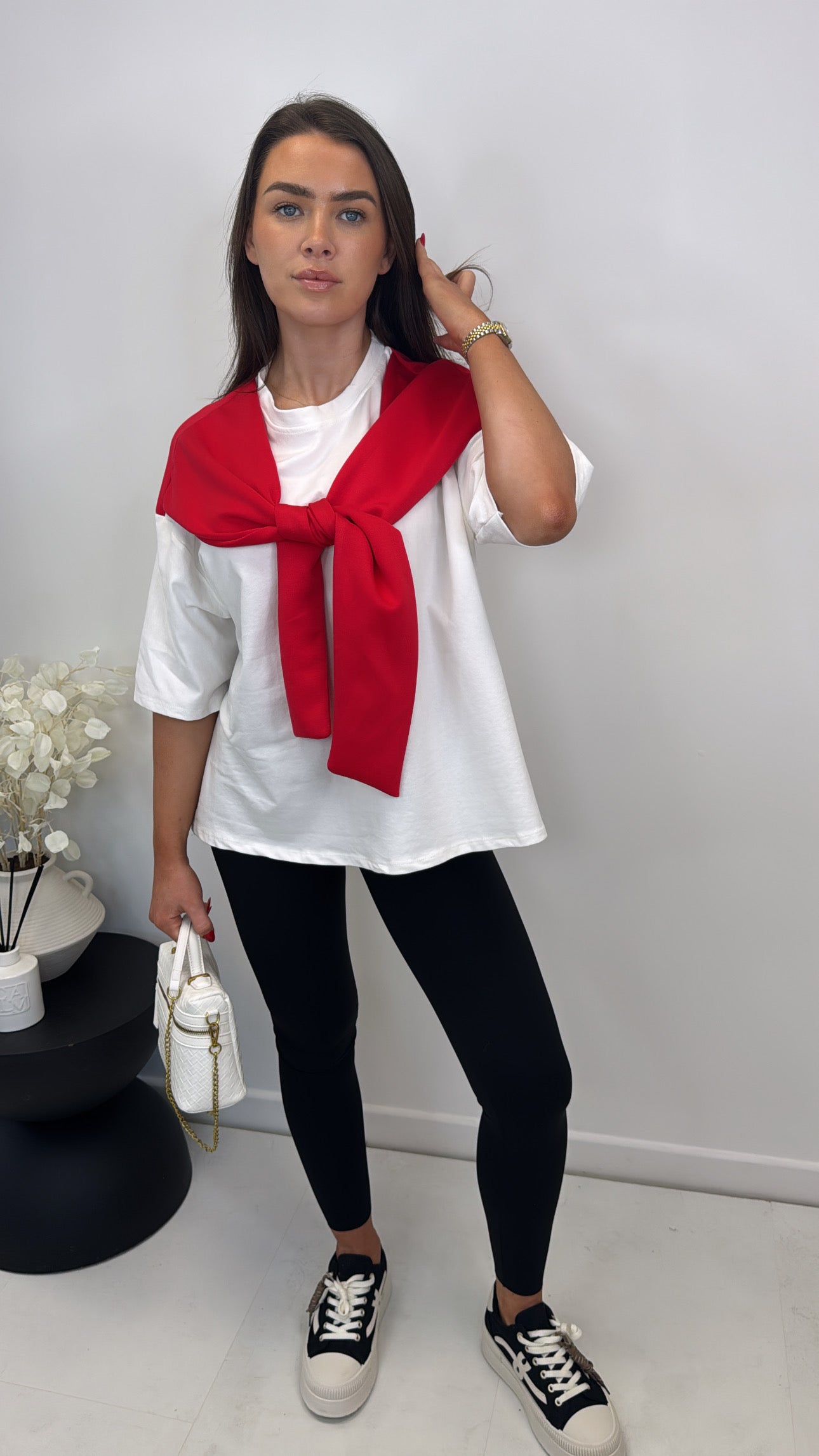 OPAL red and white t-shirt with tie detail