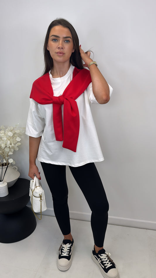 OPAL red and white t-shirt with tie detail