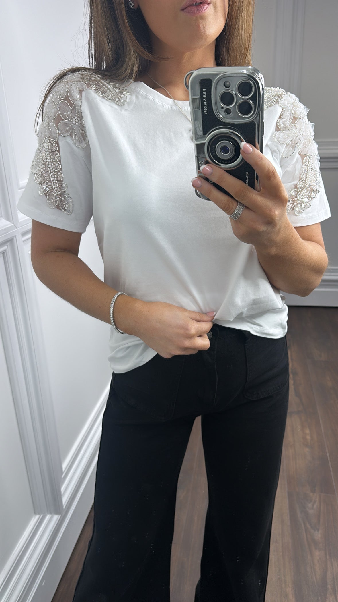 ALESSIA white embellished detail t-shirt