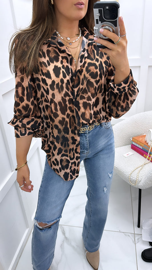 LEO leopard print sheer button blouse