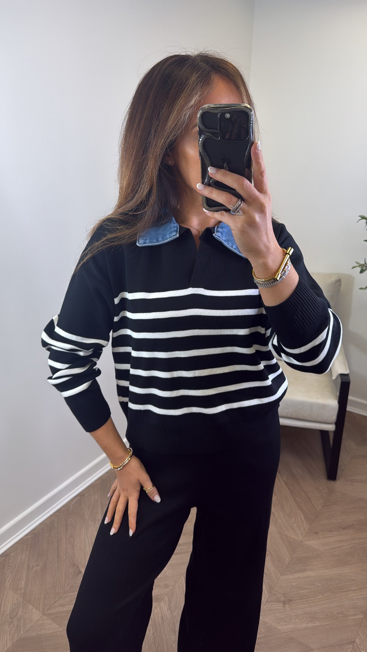 JODIE black striped denim contrast knitted lounge set