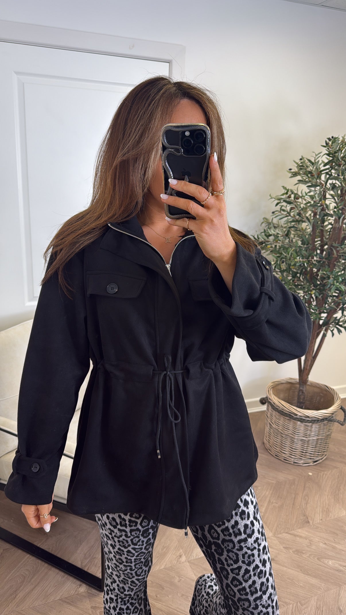 ABBEY black faux suede tie waist jacket