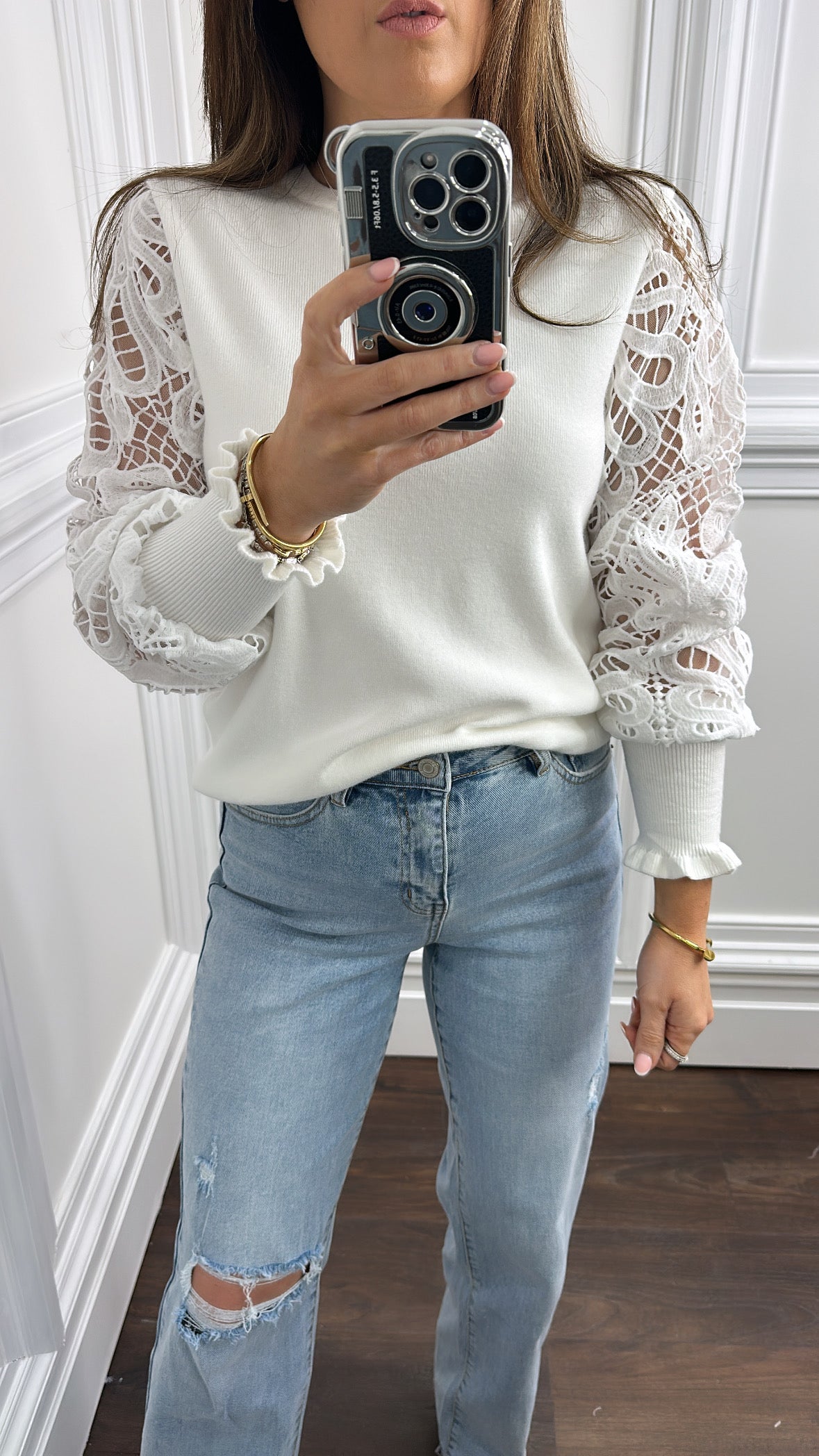 LARA white crochet sleeve fine knit jumper