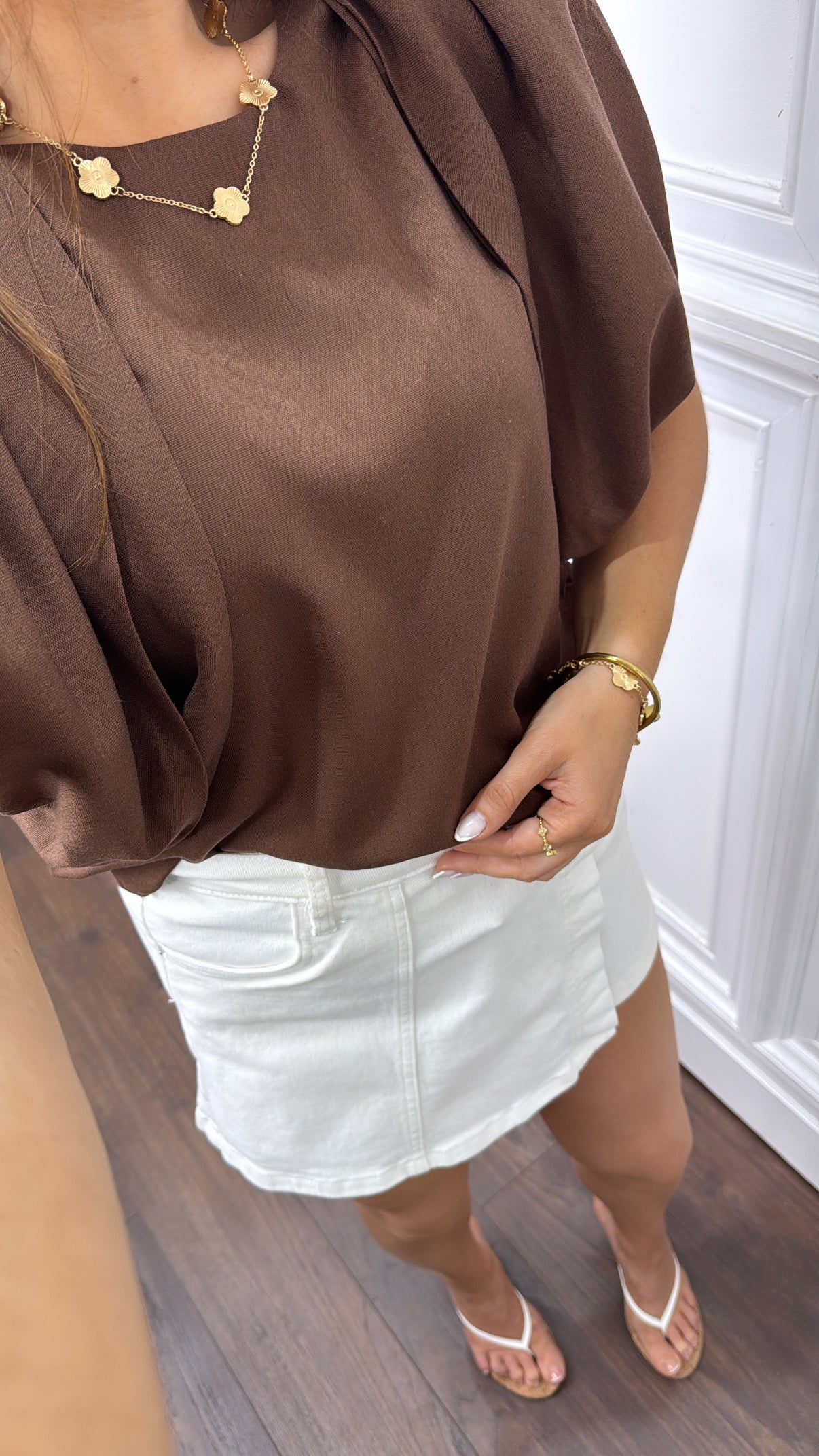 IVY brown linen look drape detail top