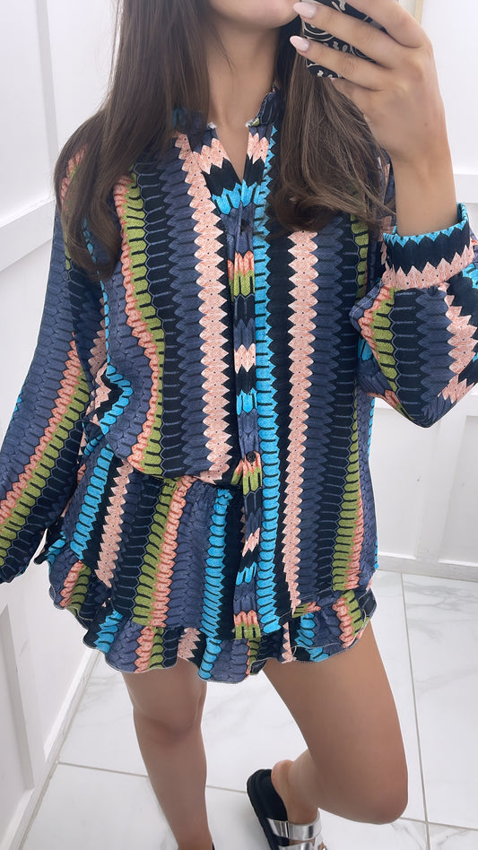 ELLIE dark blue multi print shirt and skort co-ord set
