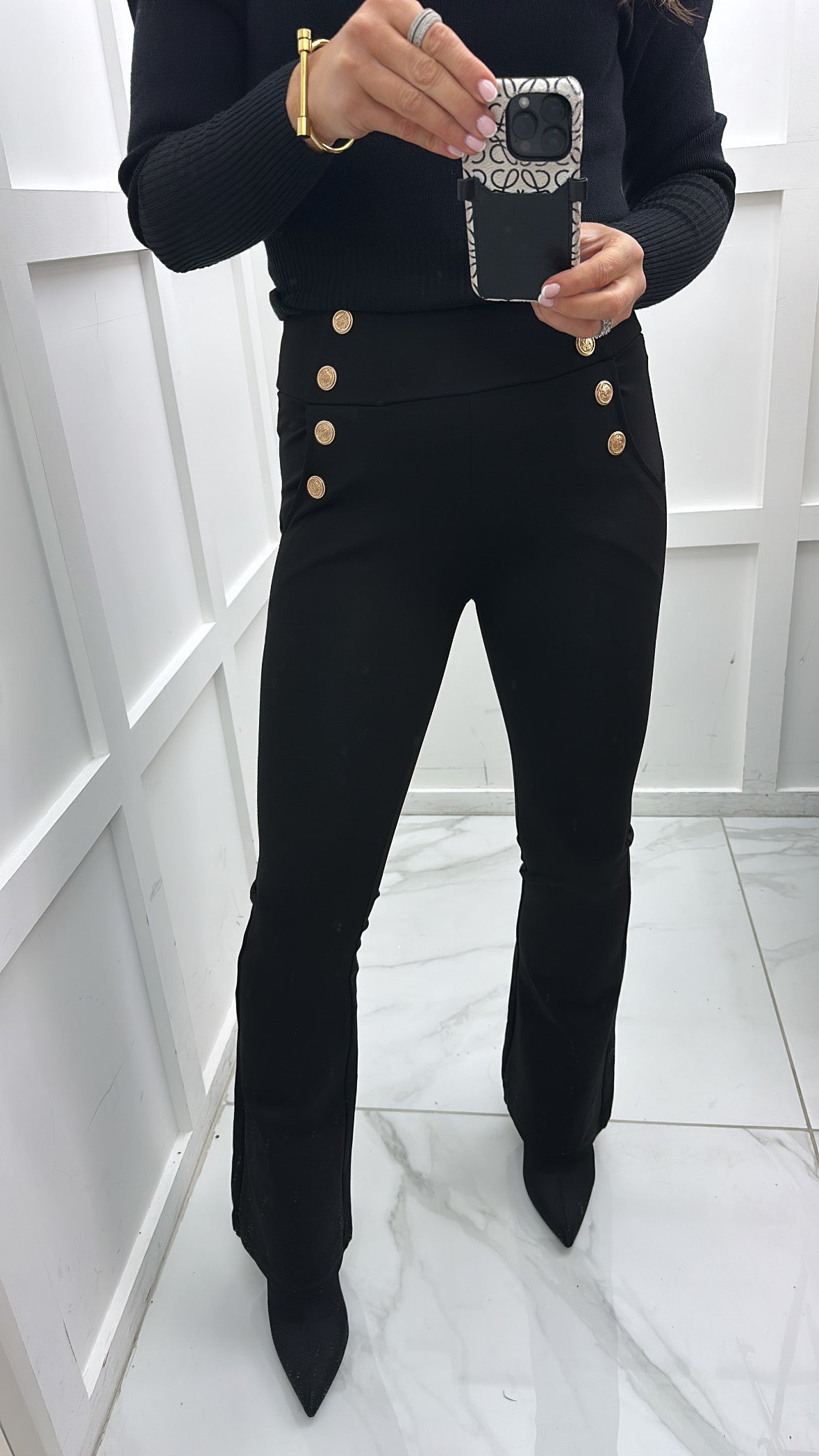 SHANNON black gold button flared pants