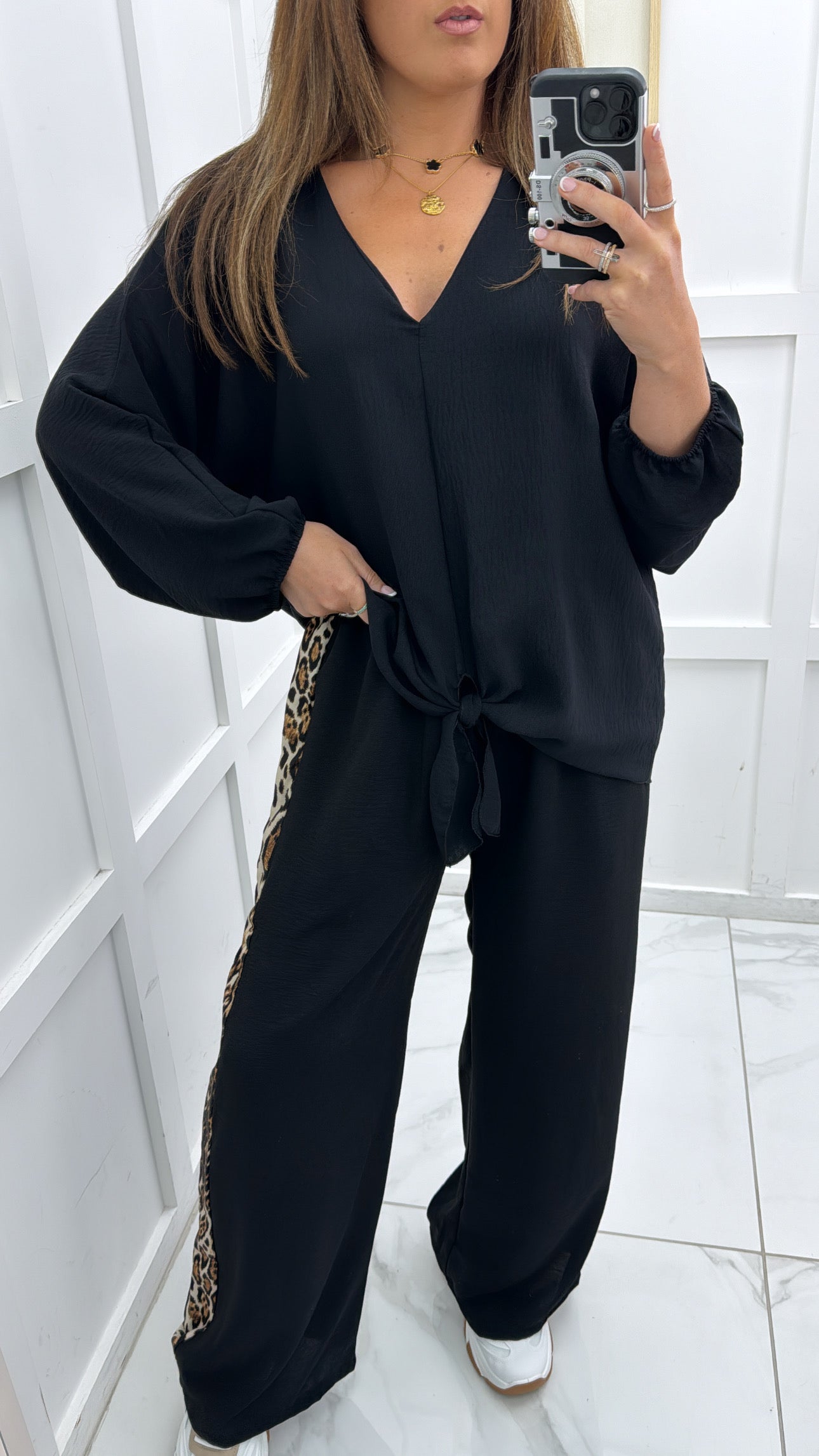 ELLE black trouser co-ord with leopard contrast