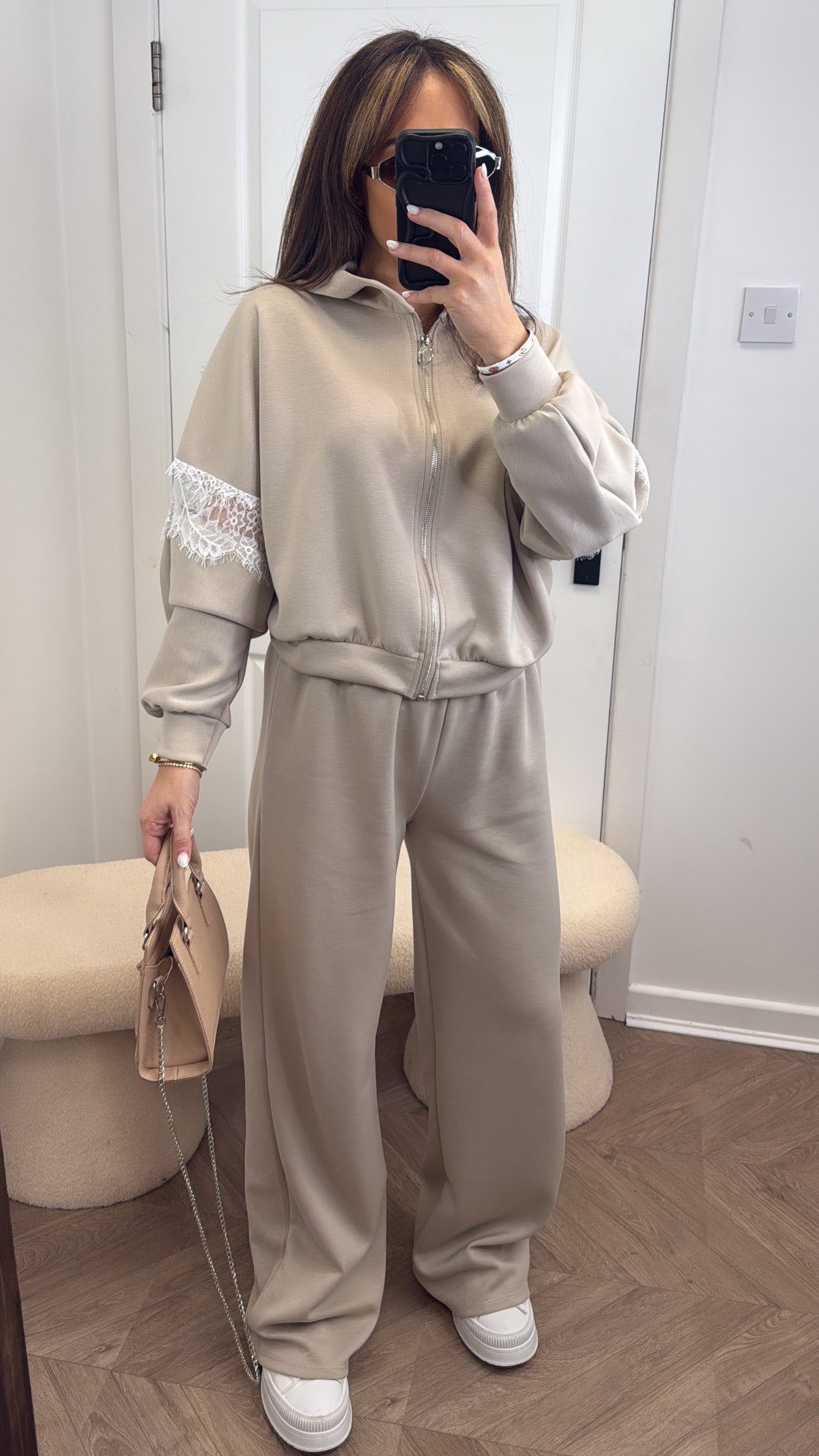 DELILAH beige lace detail tracksuit