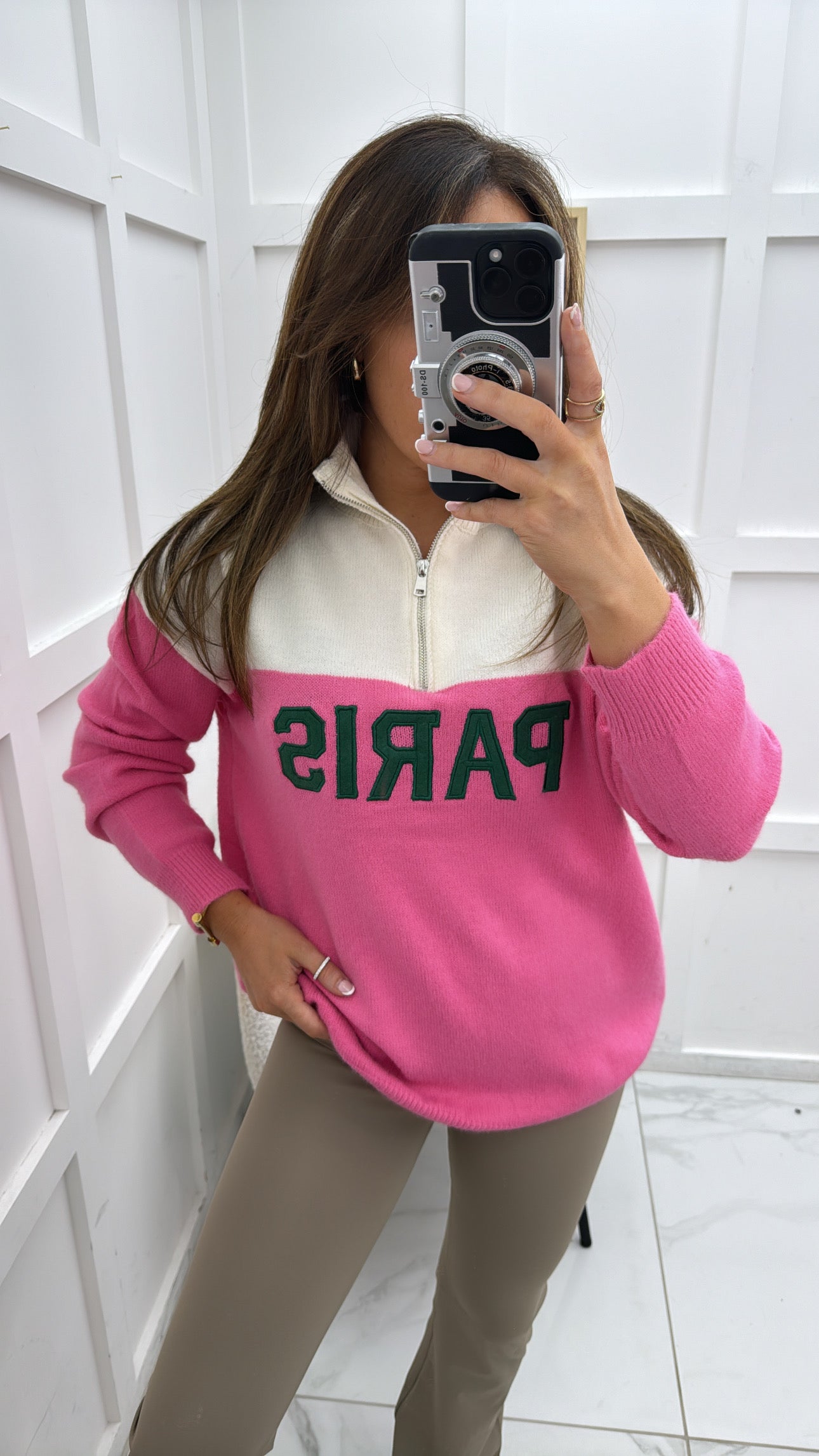 PARIS cream and pink half zip sweater