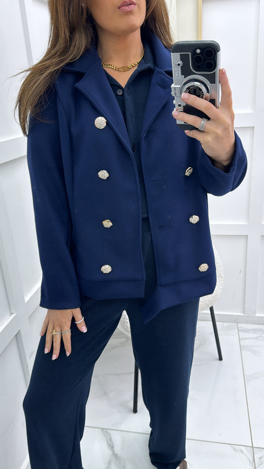 CLAUDIA navy soft double breasted button jacket