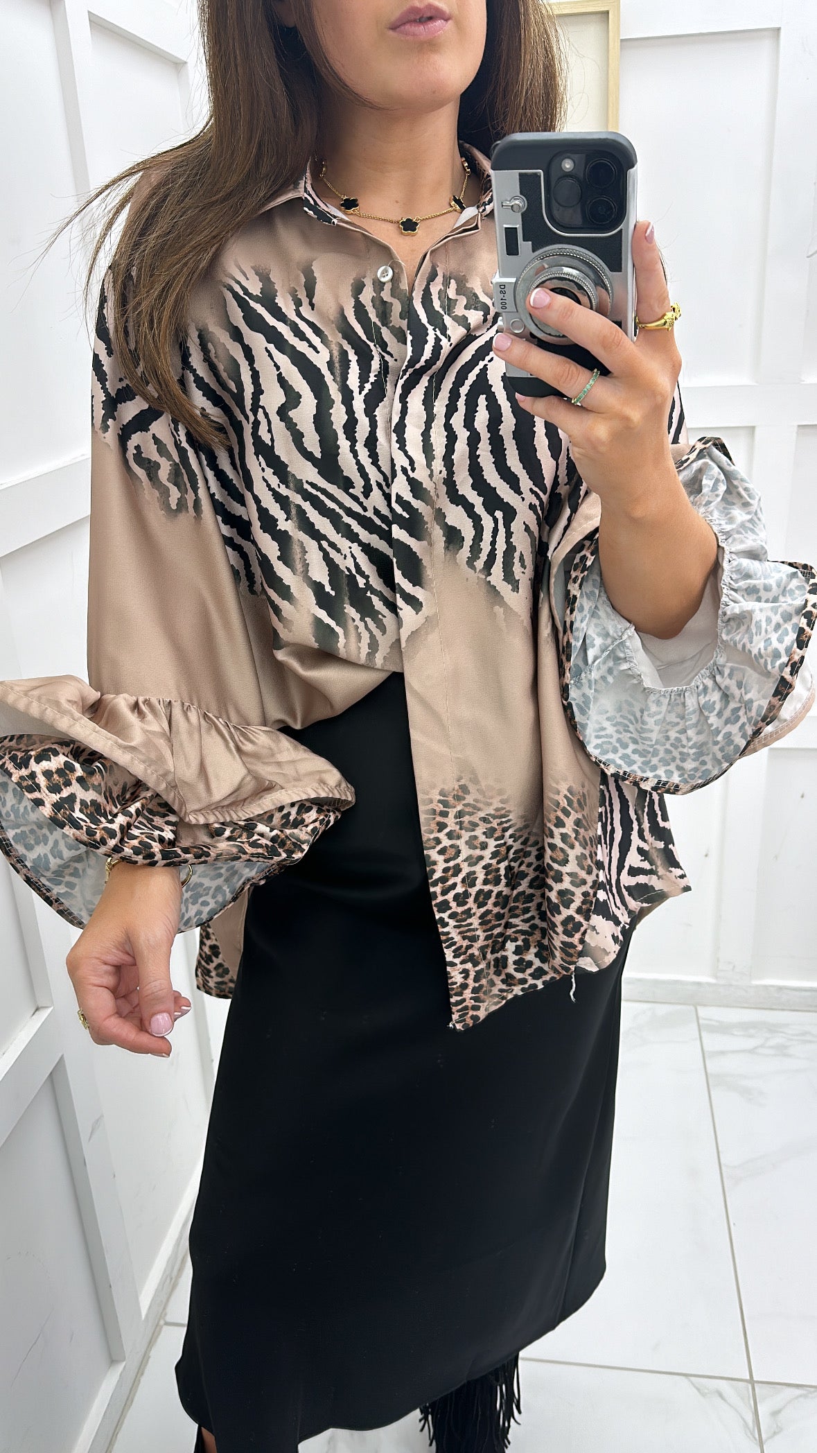 NICOLE gold zebra and leopard print satin shirt with frill sleeves