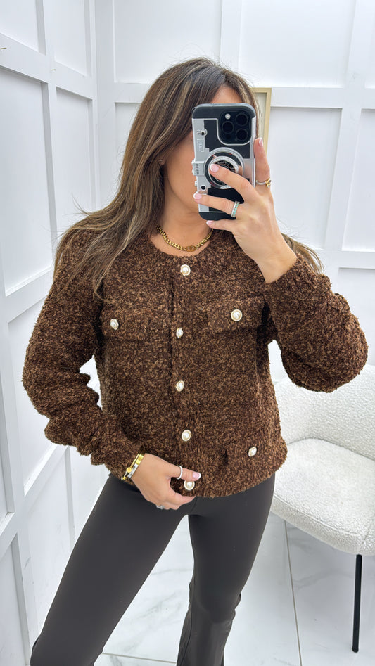 SADIE brown soft boucle cardigan with pearl buttons