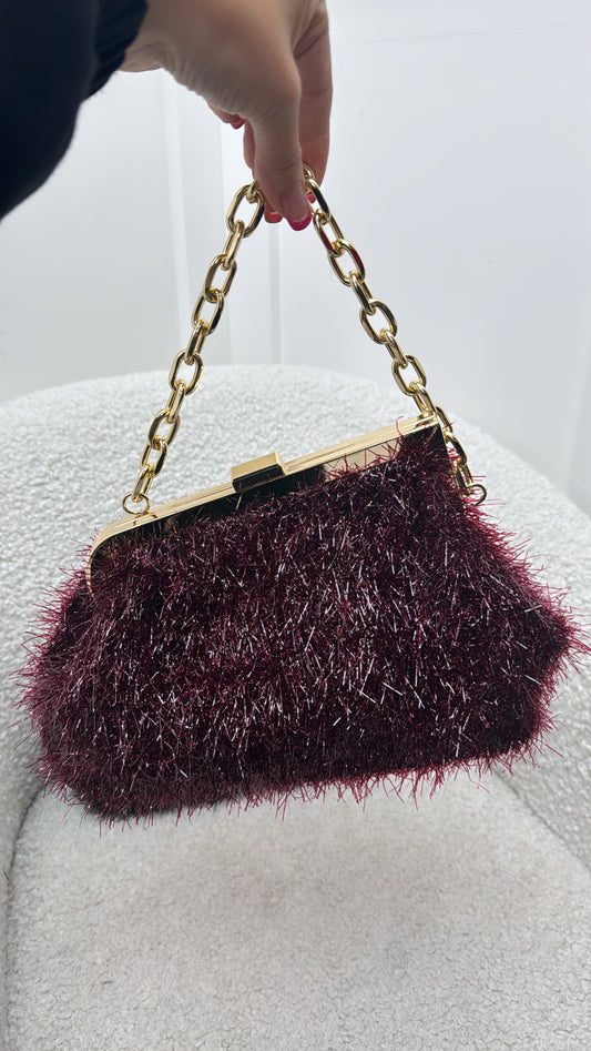 FELICITY cherry red tinsel grab bag with gold chain