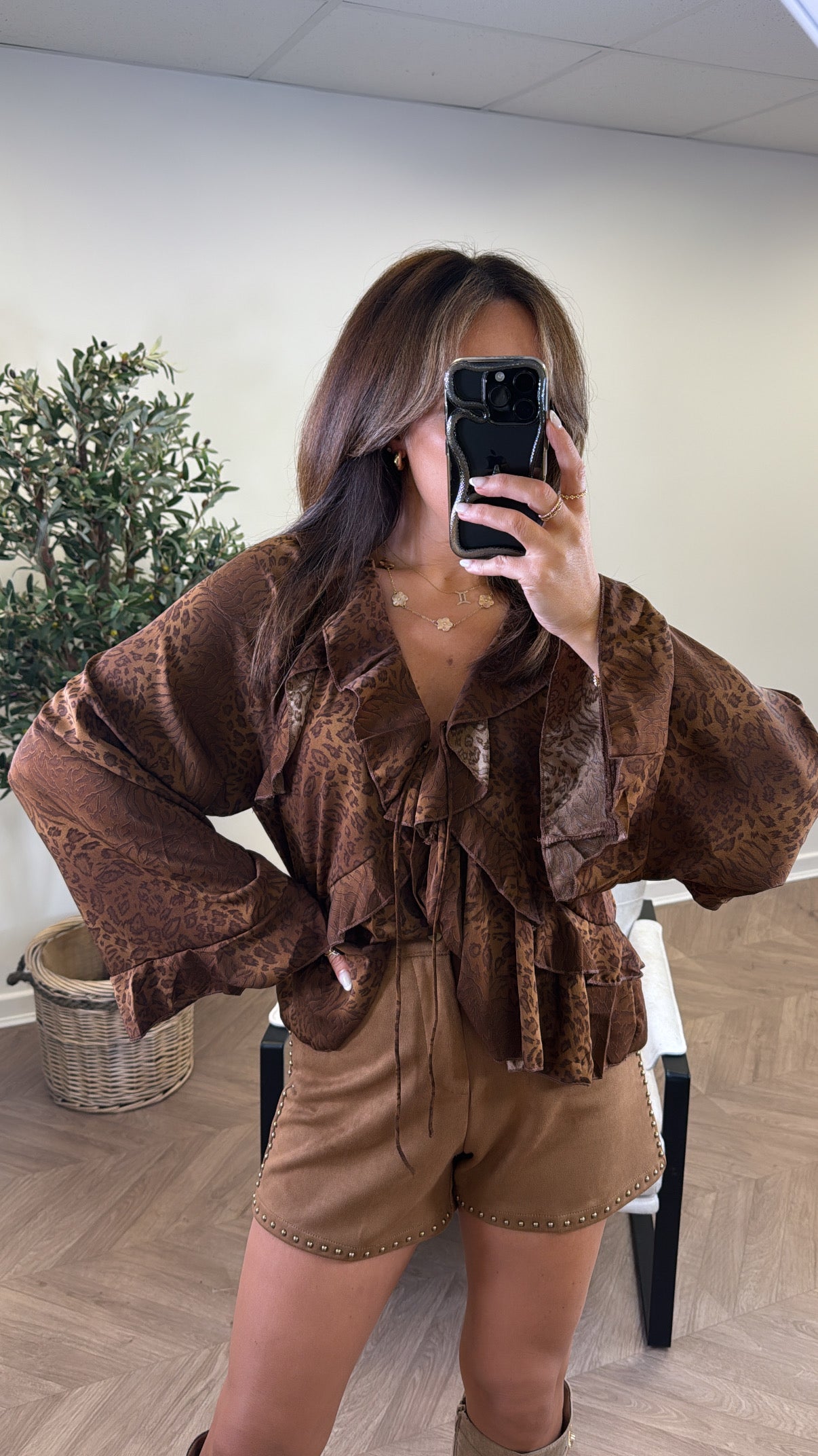 ARABELLA brown leopard ruffle detail blouse