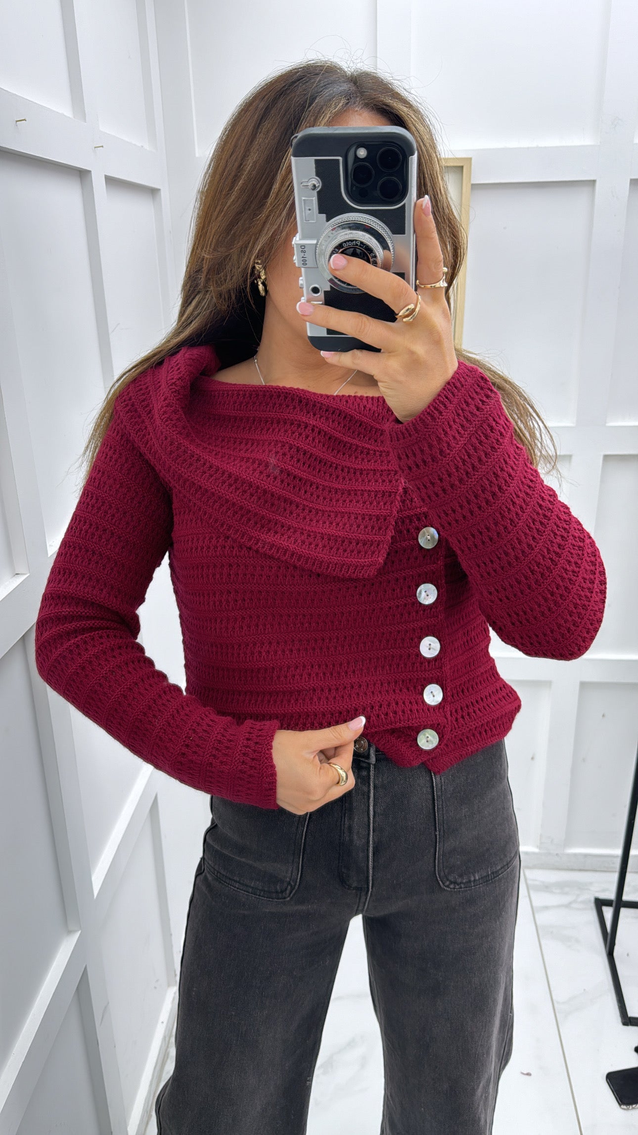 AVERY burgundy bardot knitted button jumper