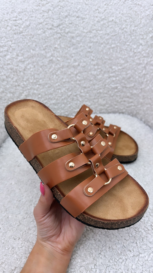 CELINA camel slider sandals with gold stud detail