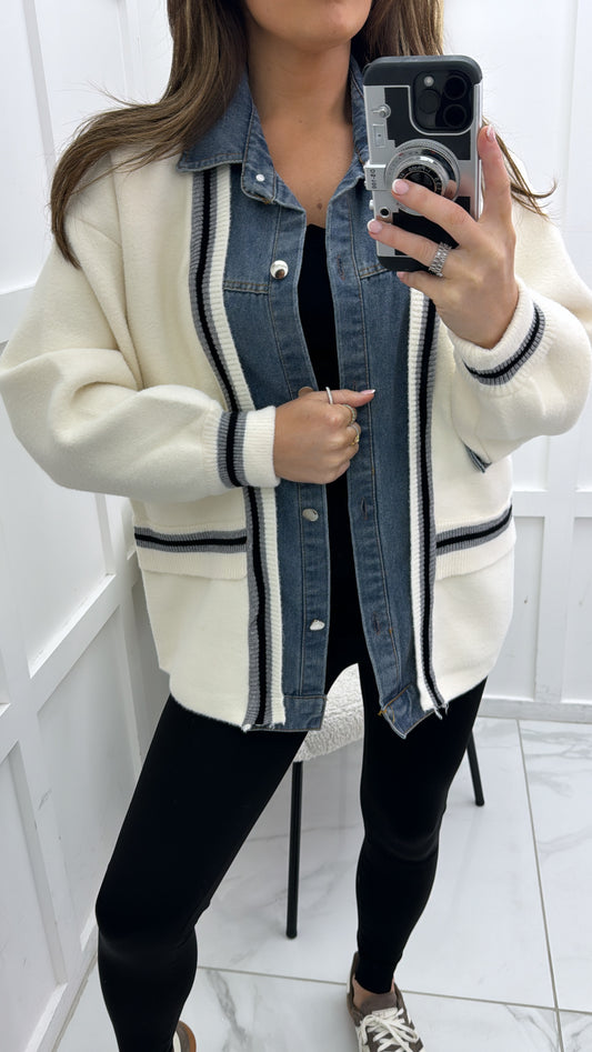 TAYA cream soft knit denim detail cardigan