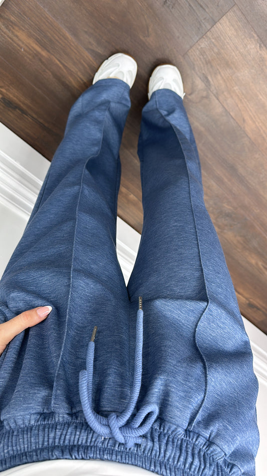 KYLIE denim blue super soft jogger with exposed seam detail