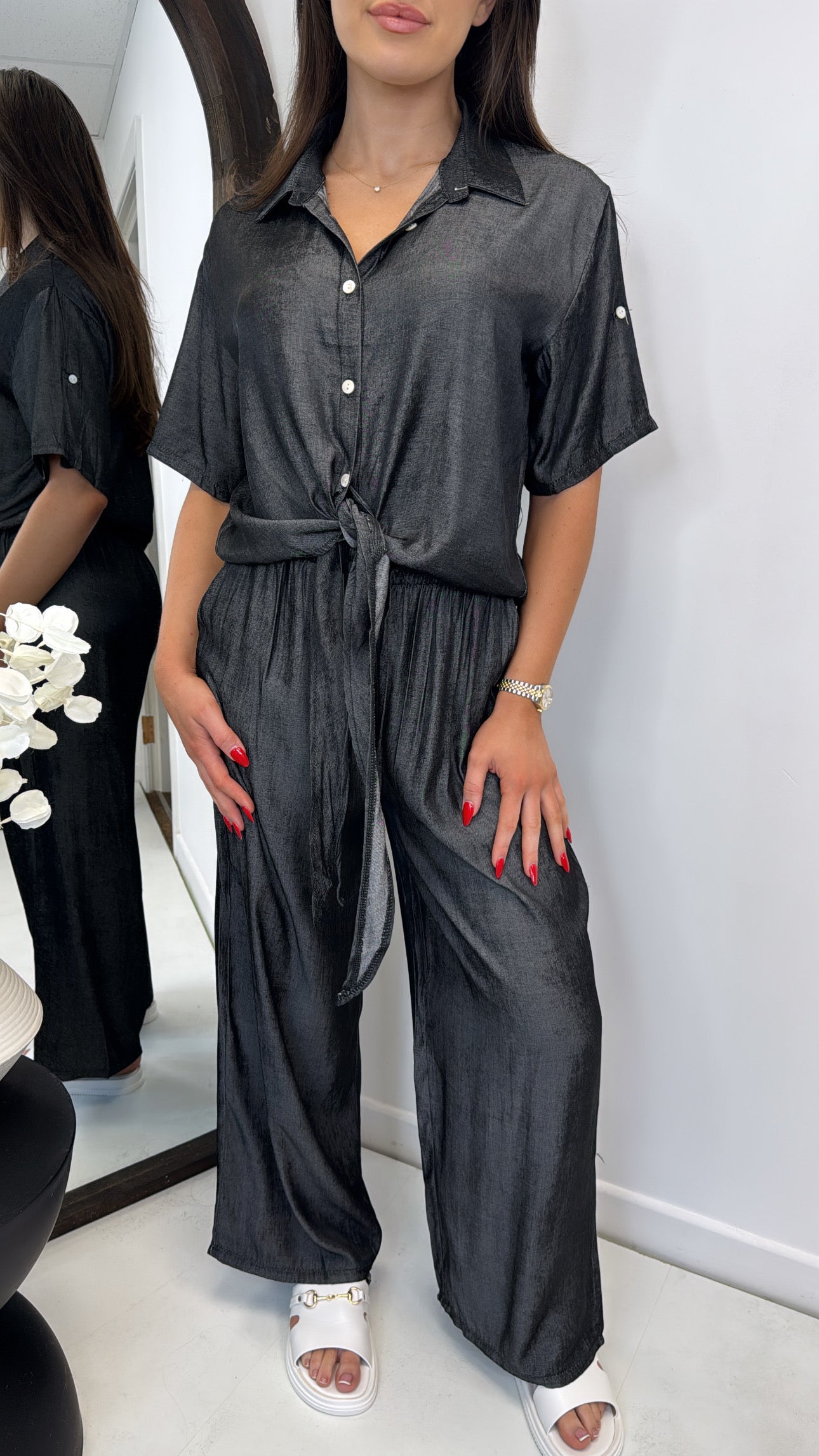 RHEA black denim effect shirt and trouser co-ord