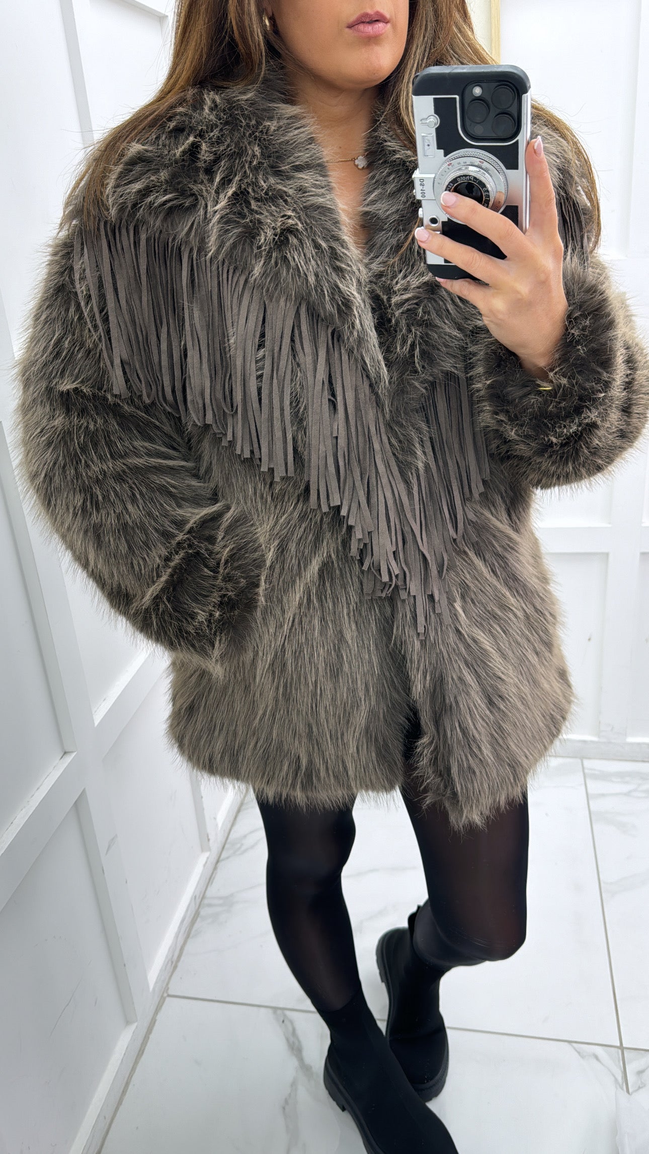 JAMELIA brown fur coat with tassels