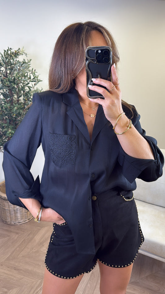 LORA black semi sheer embroidered shirt with shoulder pads