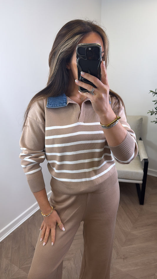 JODIE camel striped denim contrast knitted lounge set